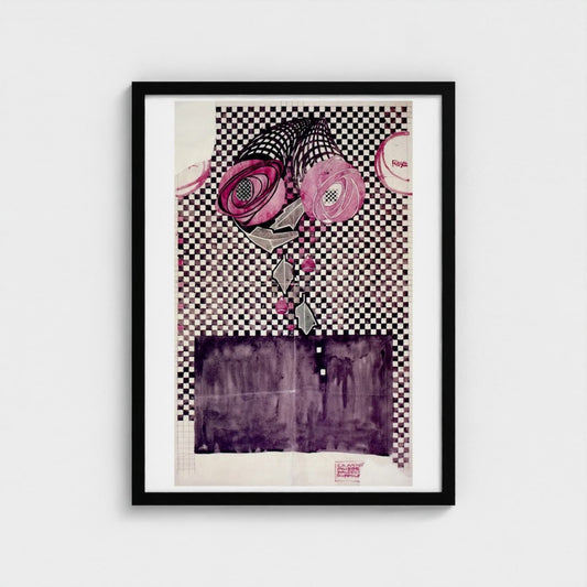 Framed artwork with pink flowers and checkered pattern on a light gray background