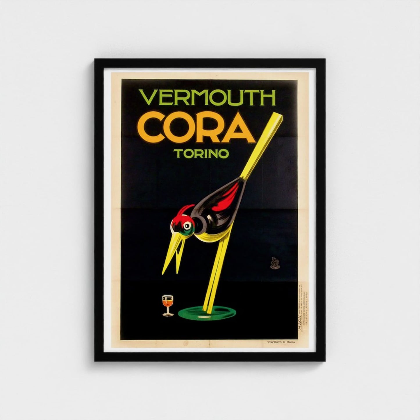 Vintage-style advertisement poster for Vermouth Cora Torino with a stylized glass and olive on a black background.