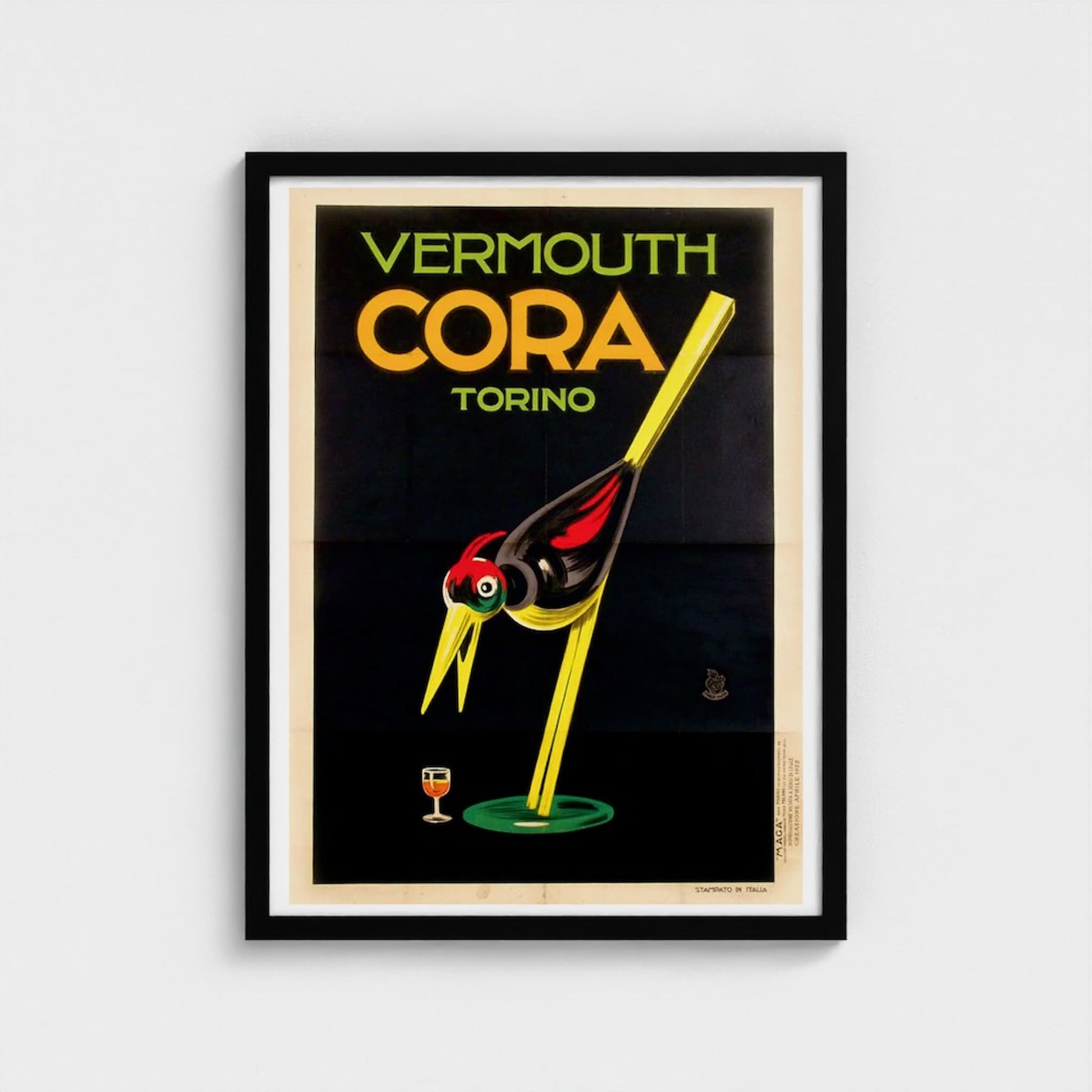 Vintage-style advertisement poster for Vermouth Cora Torino with a stylized glass and olive on a black background.