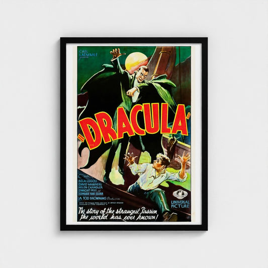 Framed movie poster for 'Dracula' with a classic horror design.