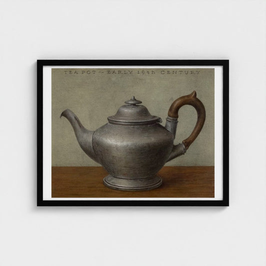 Framed artwork of an early 19th century teapot on a wooden surface with a neutral background.