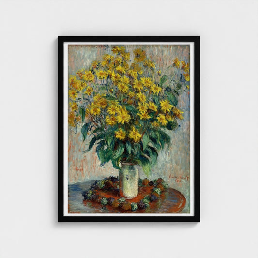 Framed painting of yellow flowers in a vase on a textured wall.