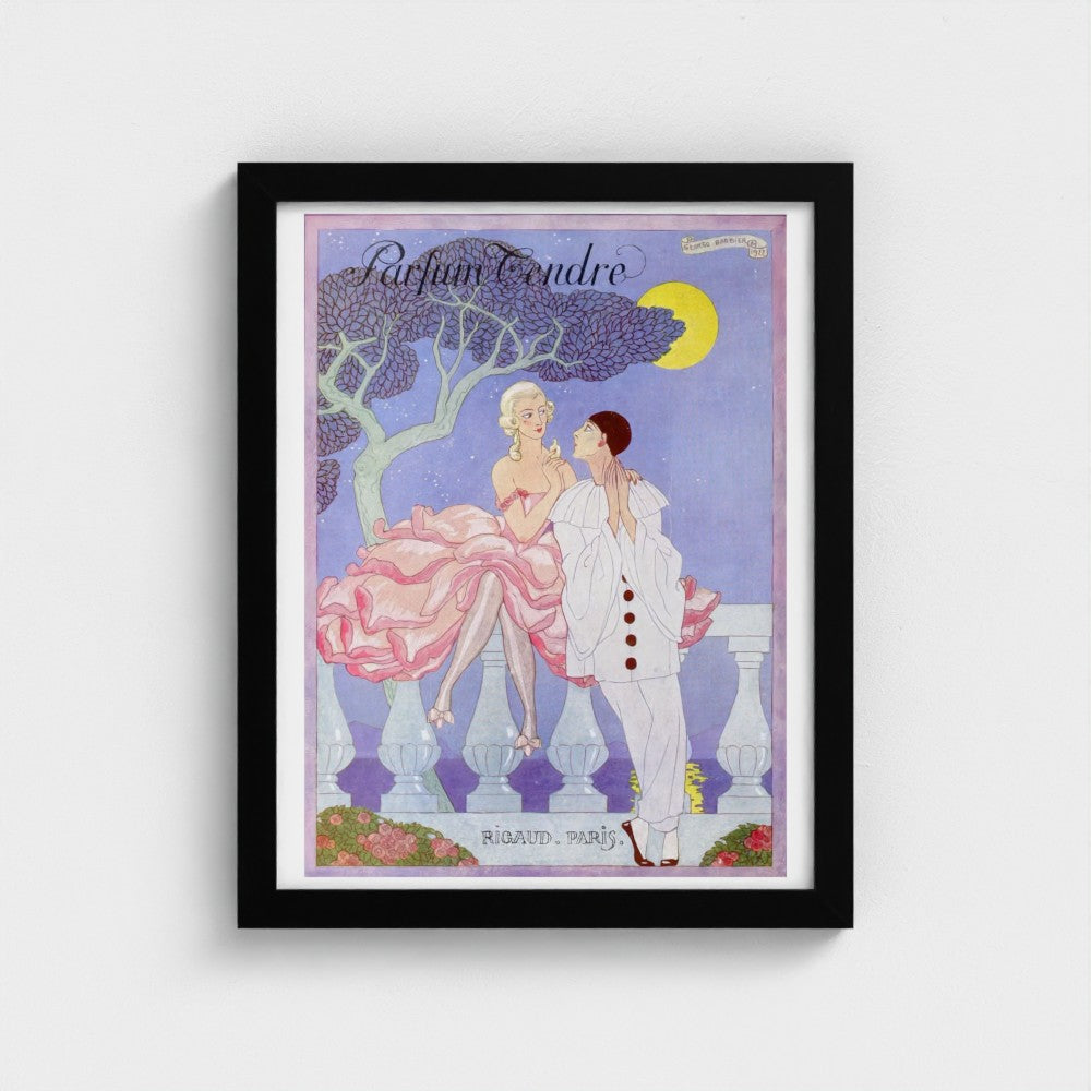 Framed artwork of a couple under a tree with 'Parfum Tendre' text on a purple background.