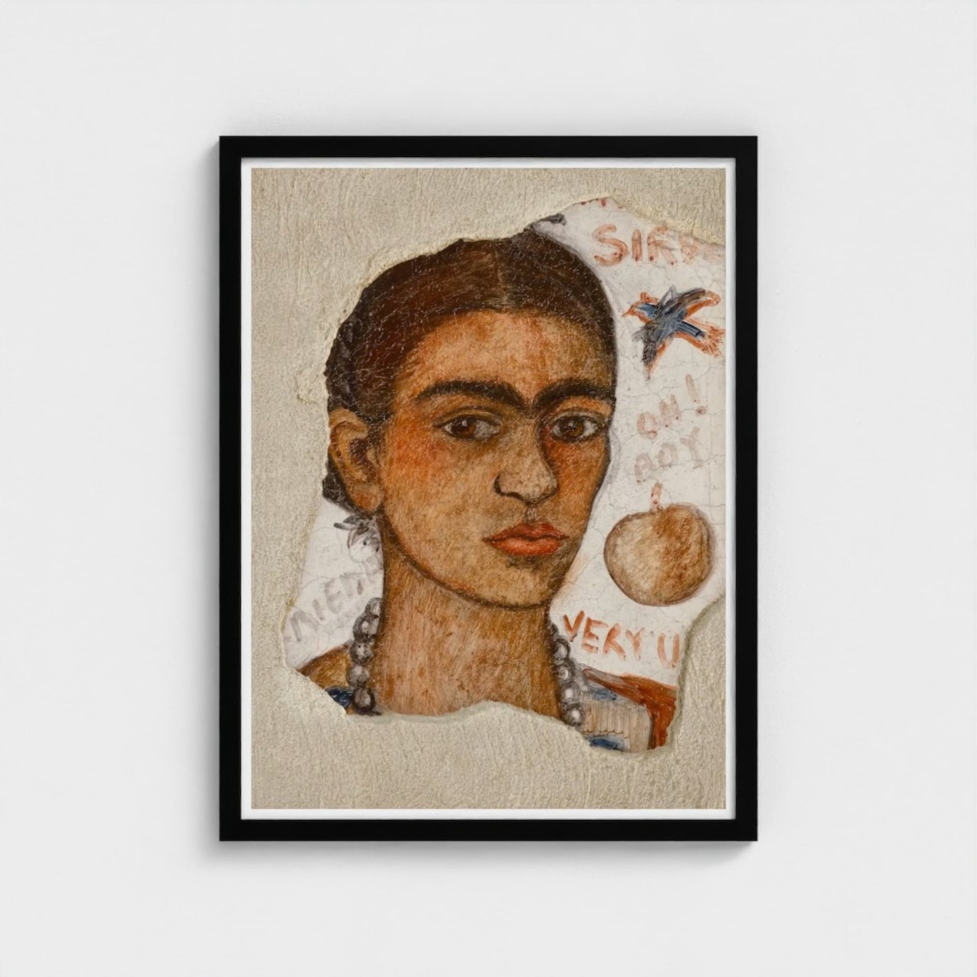 Framed artwork of a stylized portrait with text and symbols on a textured background