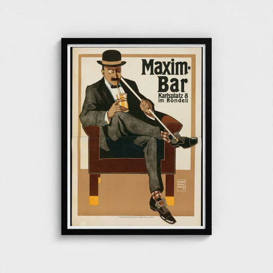 Vintage-style advertisement poster for Maxim Bar with a man in a suit sitting on a chair.