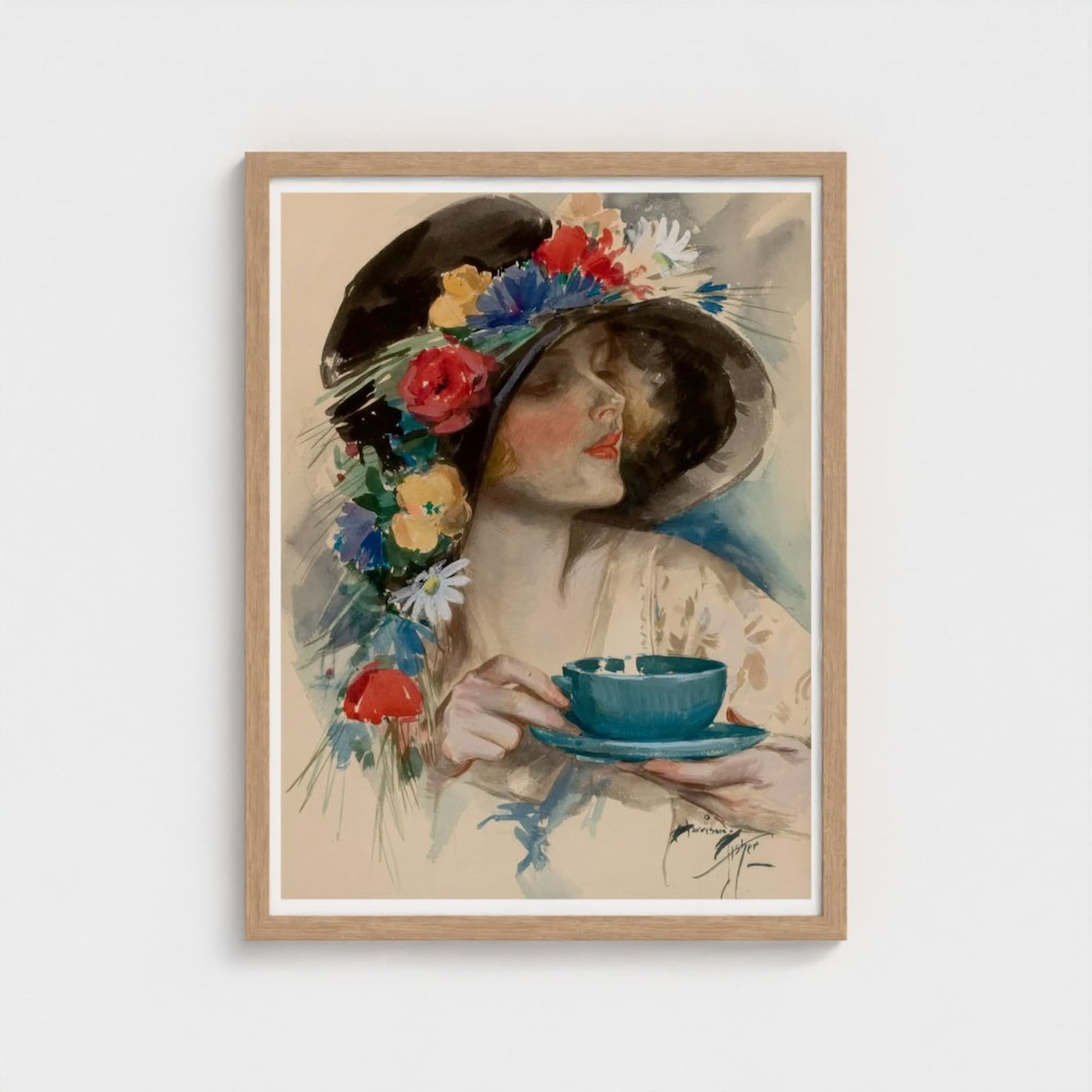 Framed artwork of a woman with a floral hat holding a blue teacup.