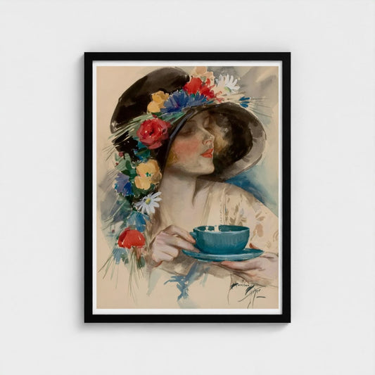 Framed artwork of a woman with a floral hat holding a blue teacup.
