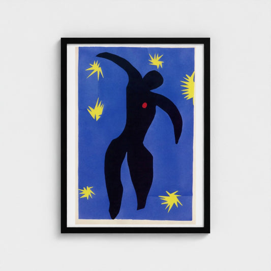 Framed artwork with a black silhouette of a figure against a blue background with yellow stars.