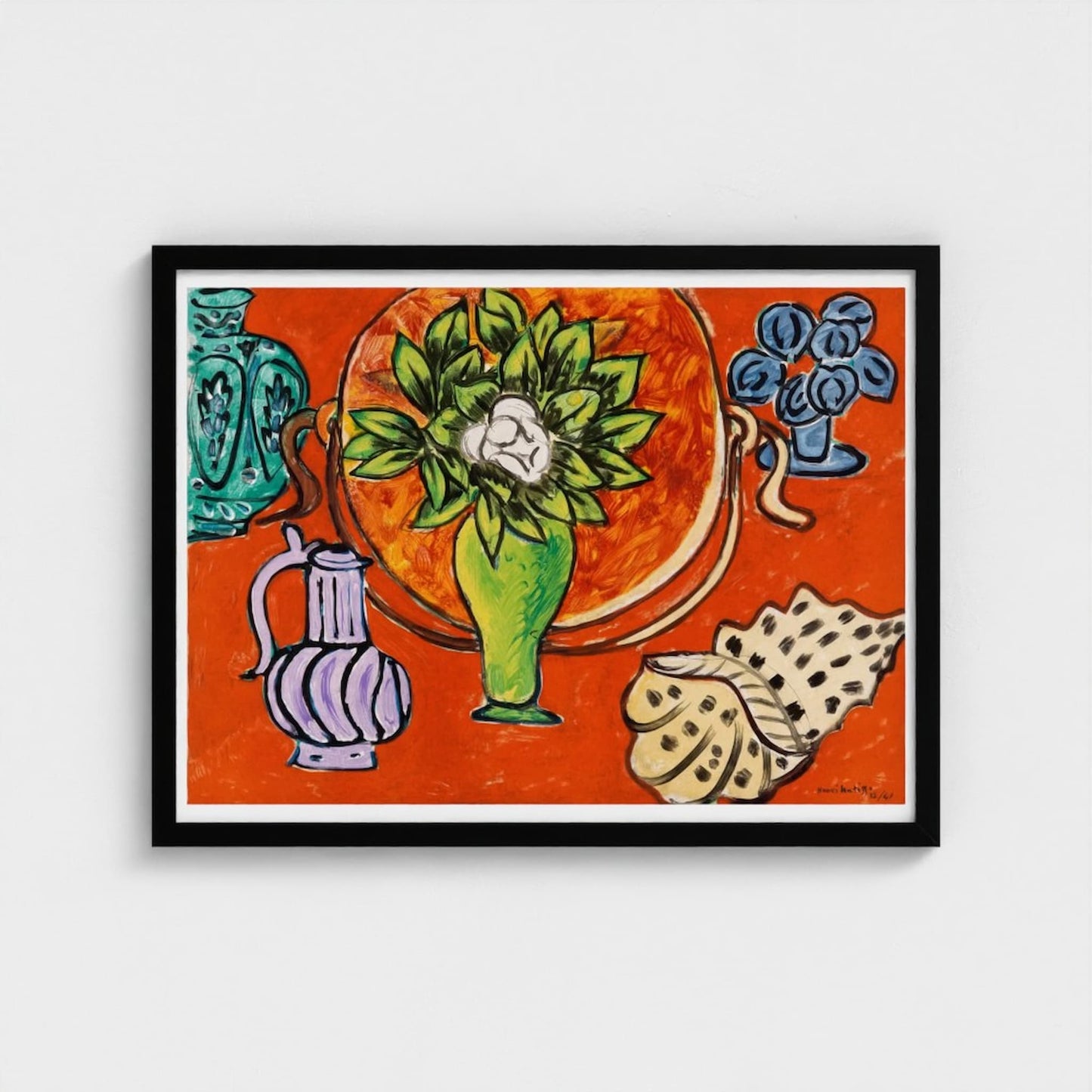 Framed artwork with colorful still life elements on an orange background