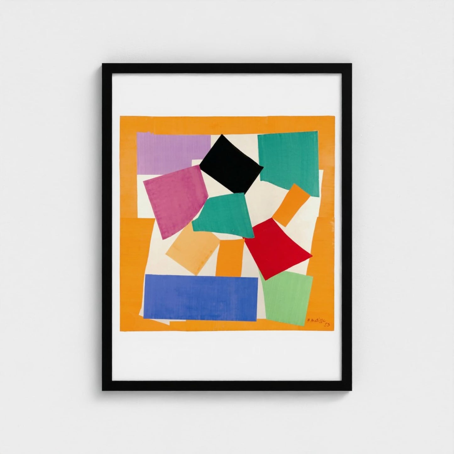 Framed abstract art with colorful geometric shapes on a white background