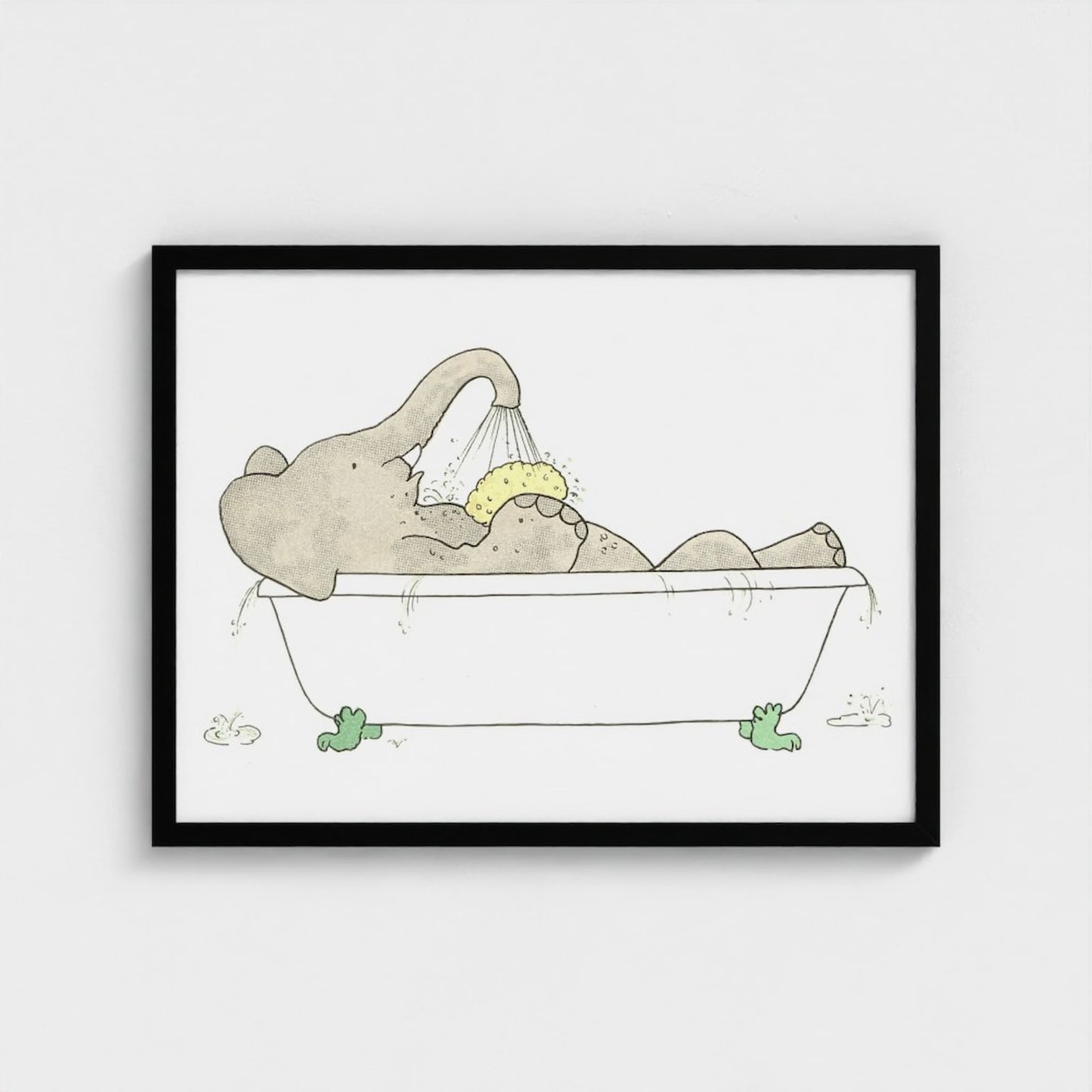 Framed artwork of an elephant taking a bath with a child, on a white background.
