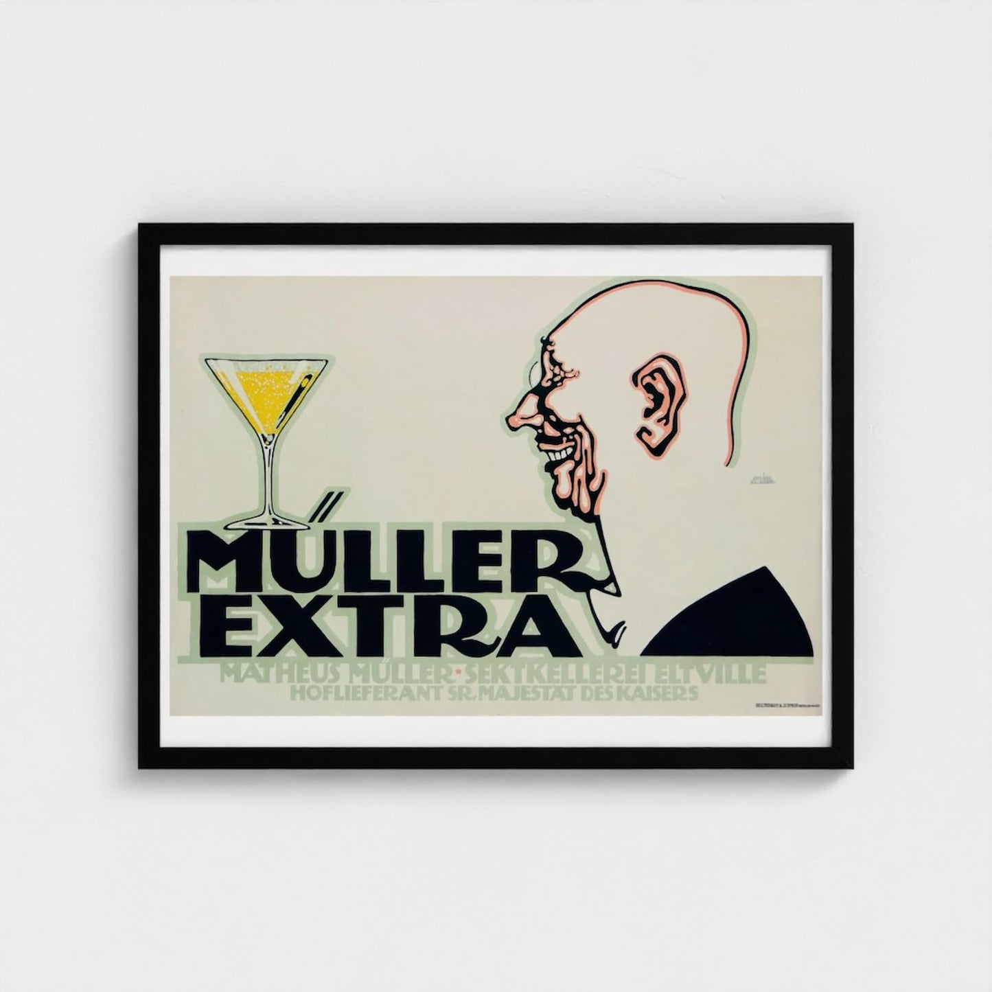 Framed poster with a stylized illustration of a man and a cocktail glass, featuring the brand 'Müller Extra'.
