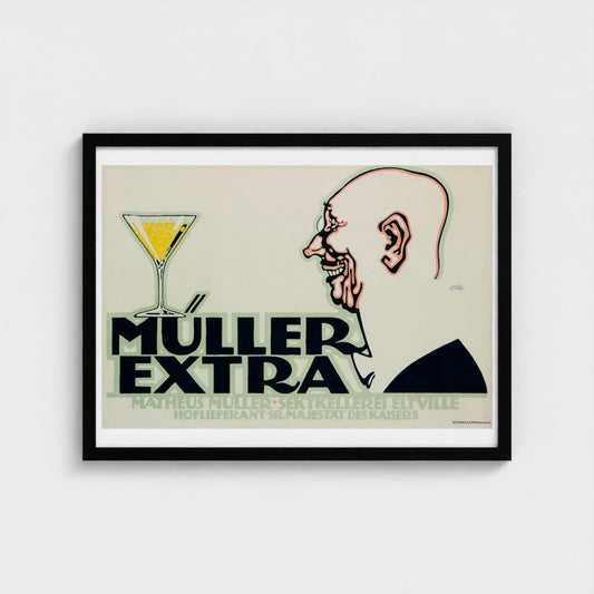 Framed poster with a stylized illustration of a man and a cocktail glass, featuring the brand 'Müller Extra'.