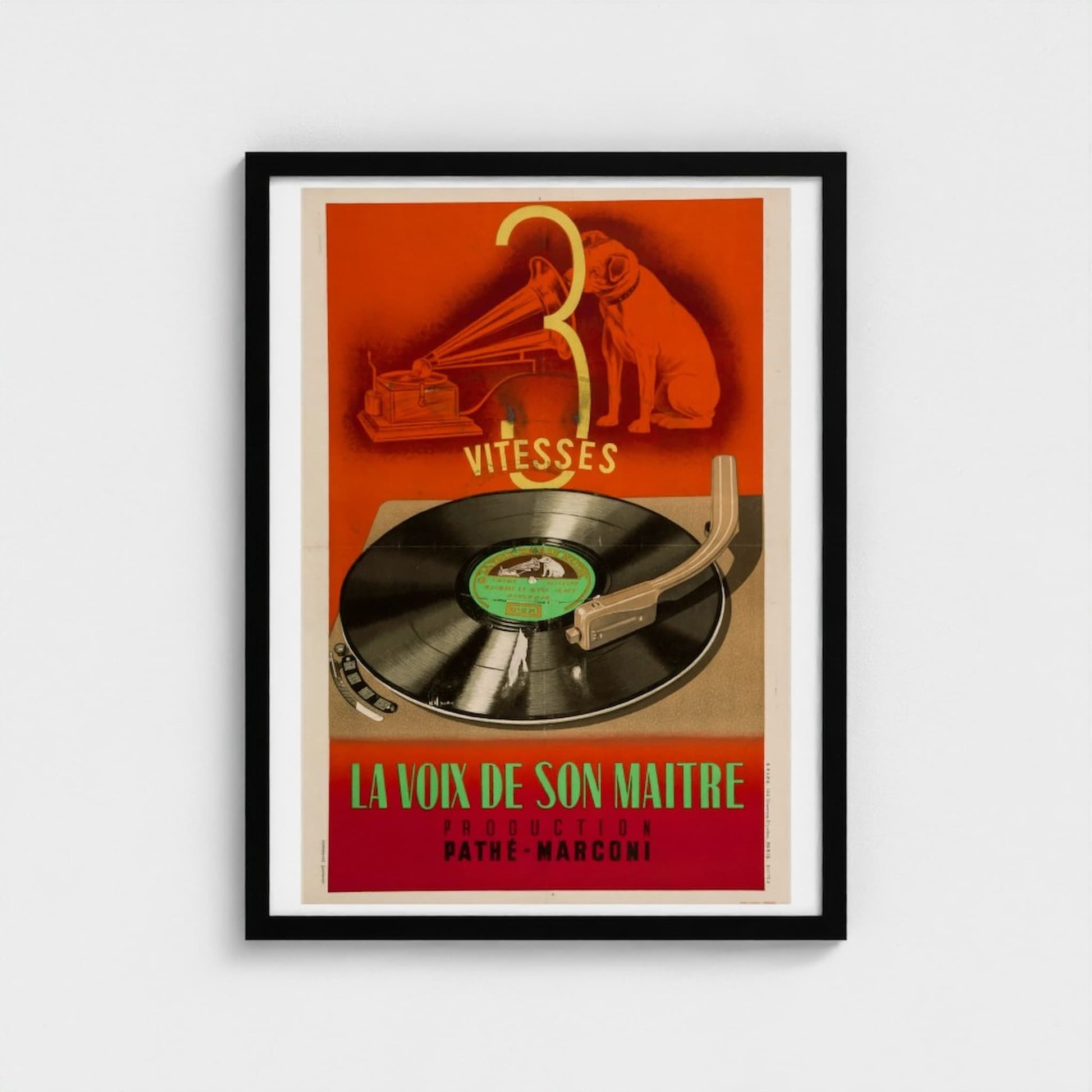 Framed vintage-style poster with a record player and text on an orange background
