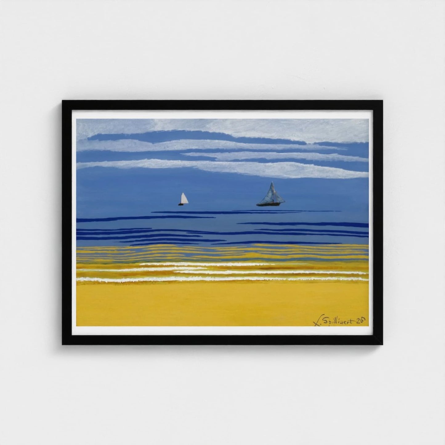 Framed artwork of two sailboats on a blue sky and yellow sand beach.
