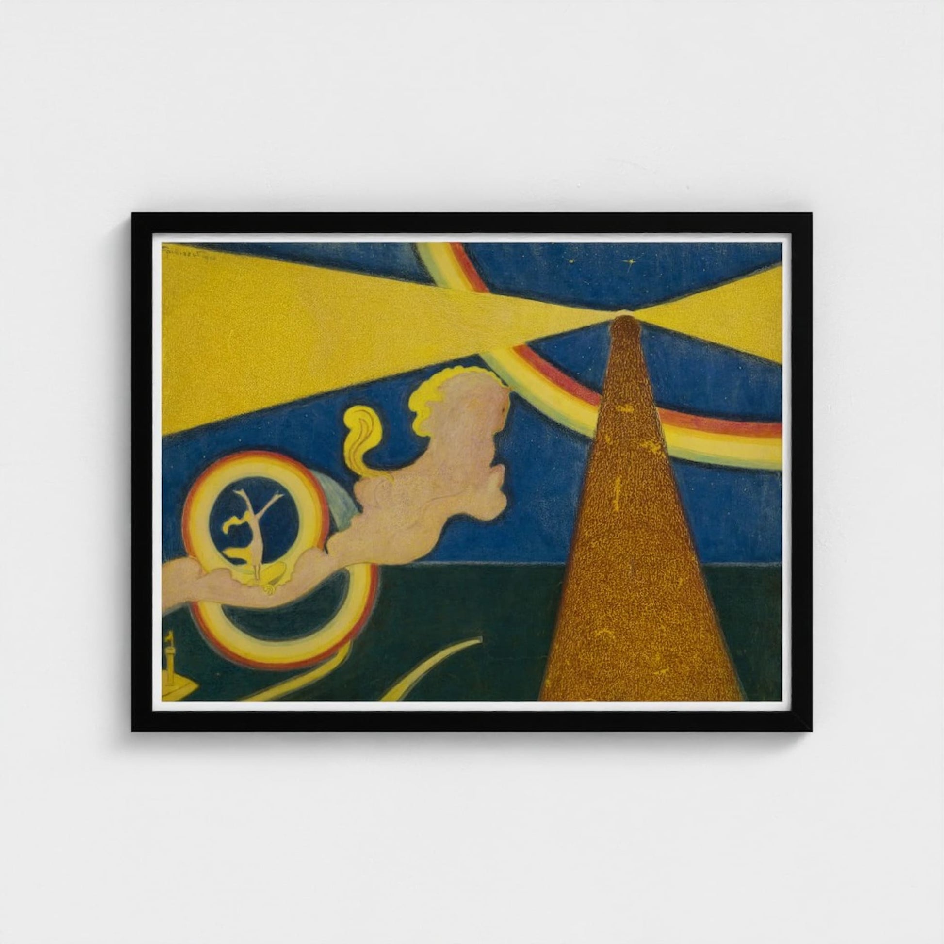 Framed artwork with a stylized design of a tower and a figure holding a wheel on a white background.