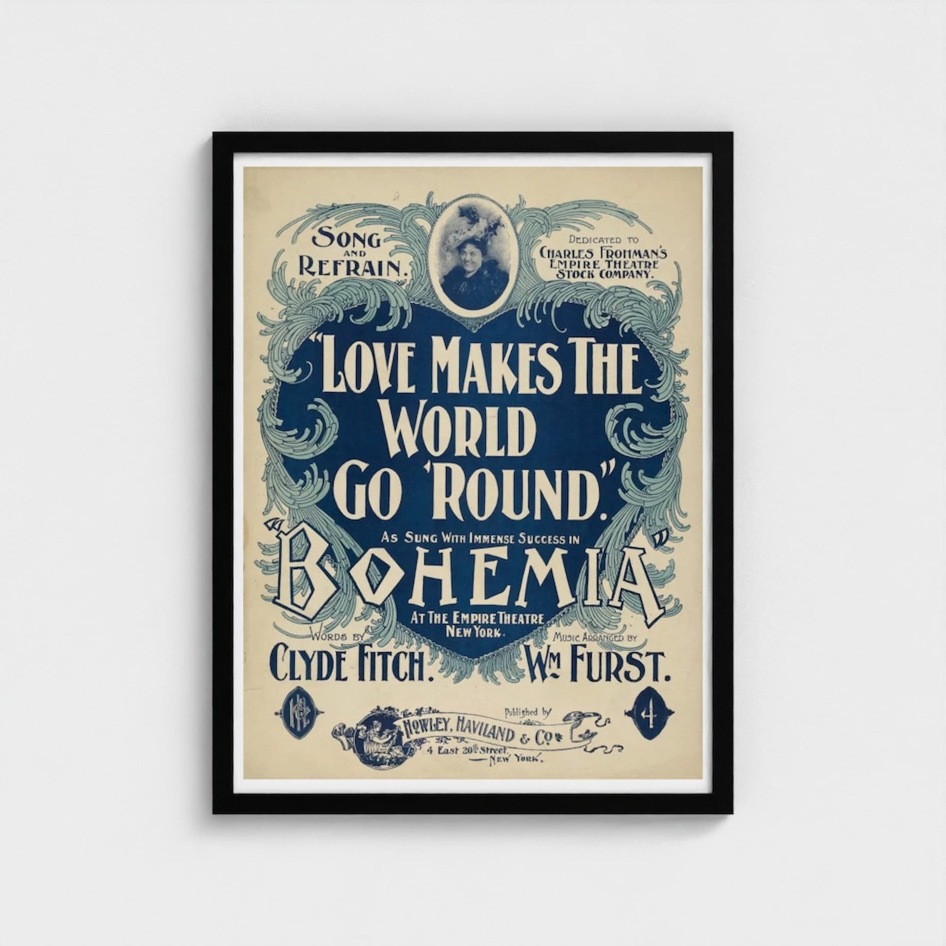 Vintage-style poster with decorative text and a black frame on a white background