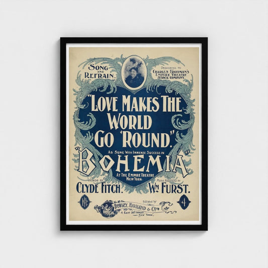 Vintage-style poster with decorative text and a black frame on a white background
