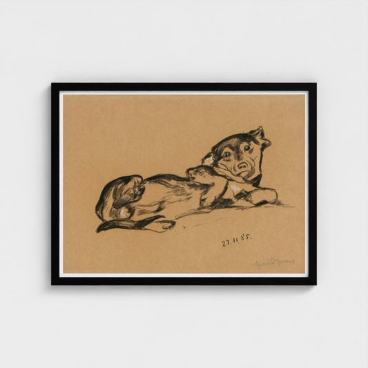 Framed artwork of a dog on brown paper with a black frame.