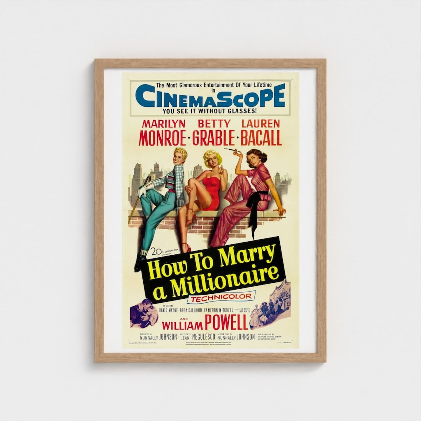 Vintage movie poster for 'How to Marry a Millionaire' with three women sitting on a bench, framed in a wooden border.