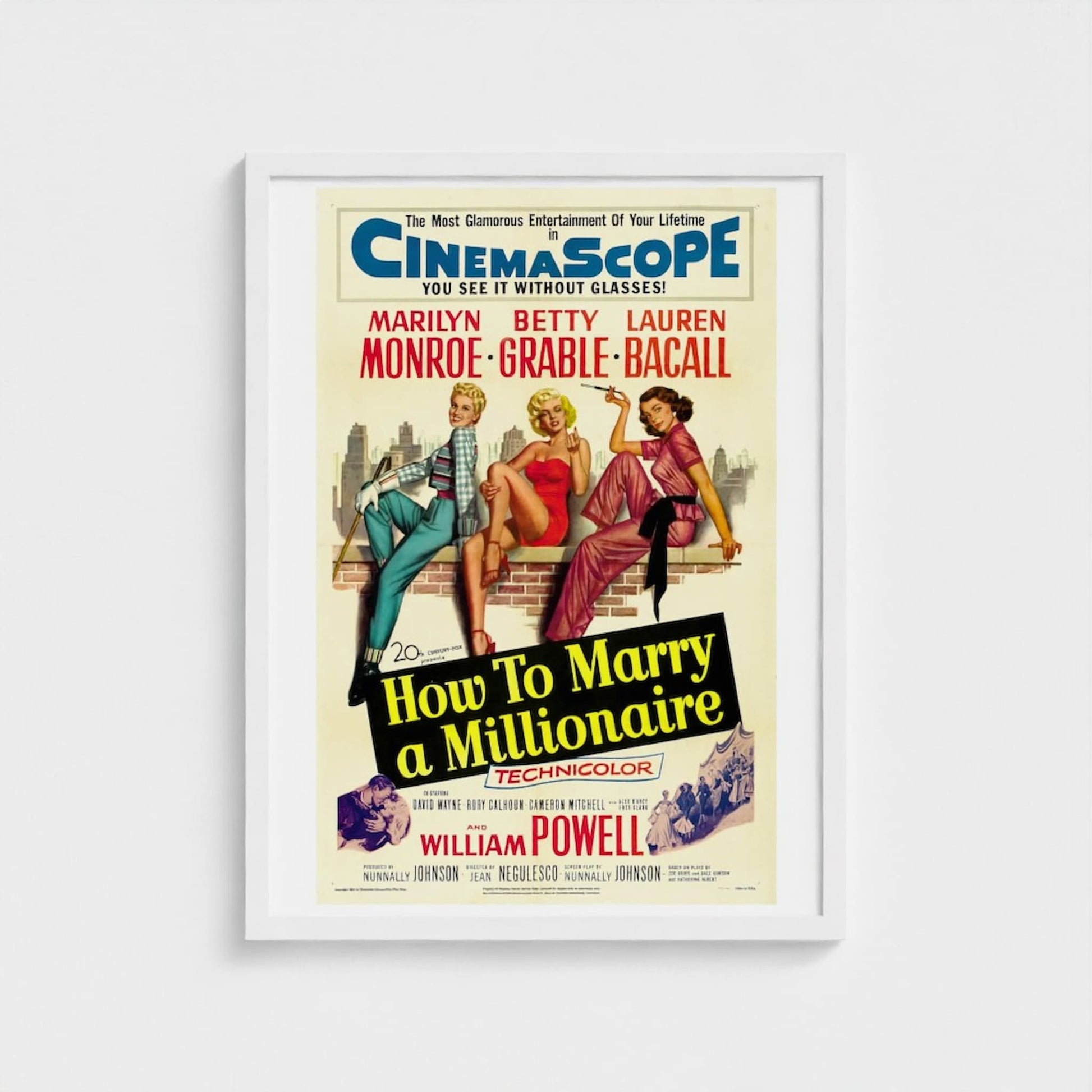 Vintage movie poster for 'How to Marry a Millionaire' featuring three women on a bench.