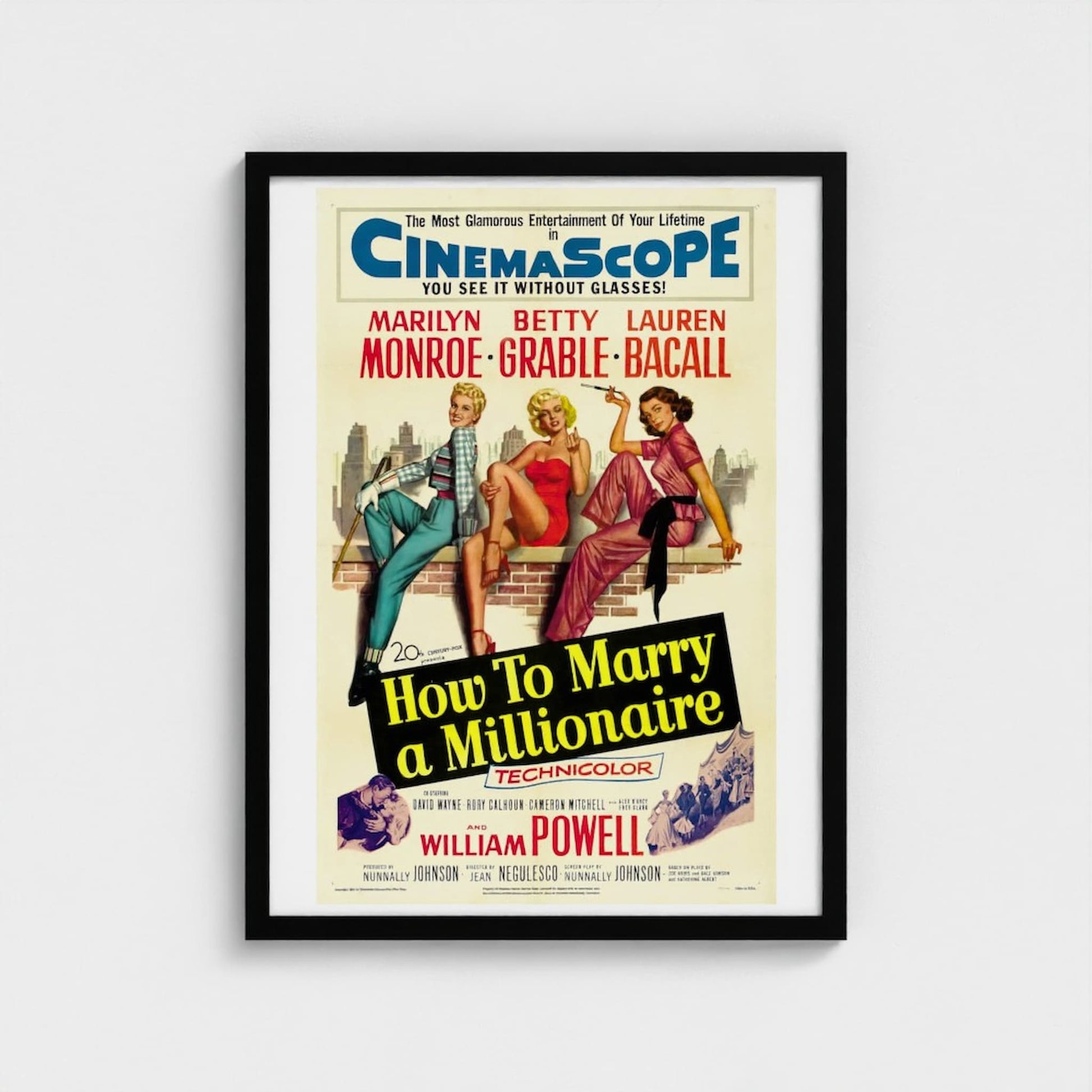 Vintage movie poster for 'How to Marry a Millionaire' featuring three women on a bench.