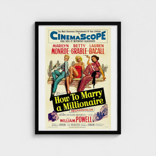 Vintage movie poster for 'How to Marry a Millionaire' featuring three women on a bench.