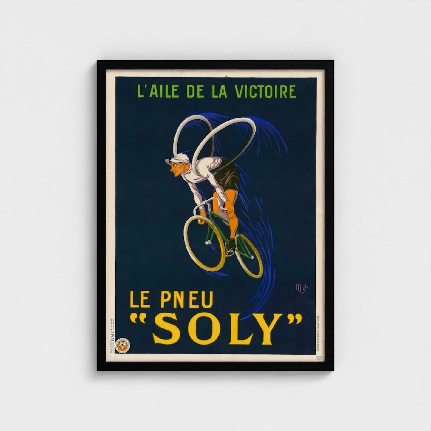 Vintage-style poster with a cyclist and text on a dark blue background