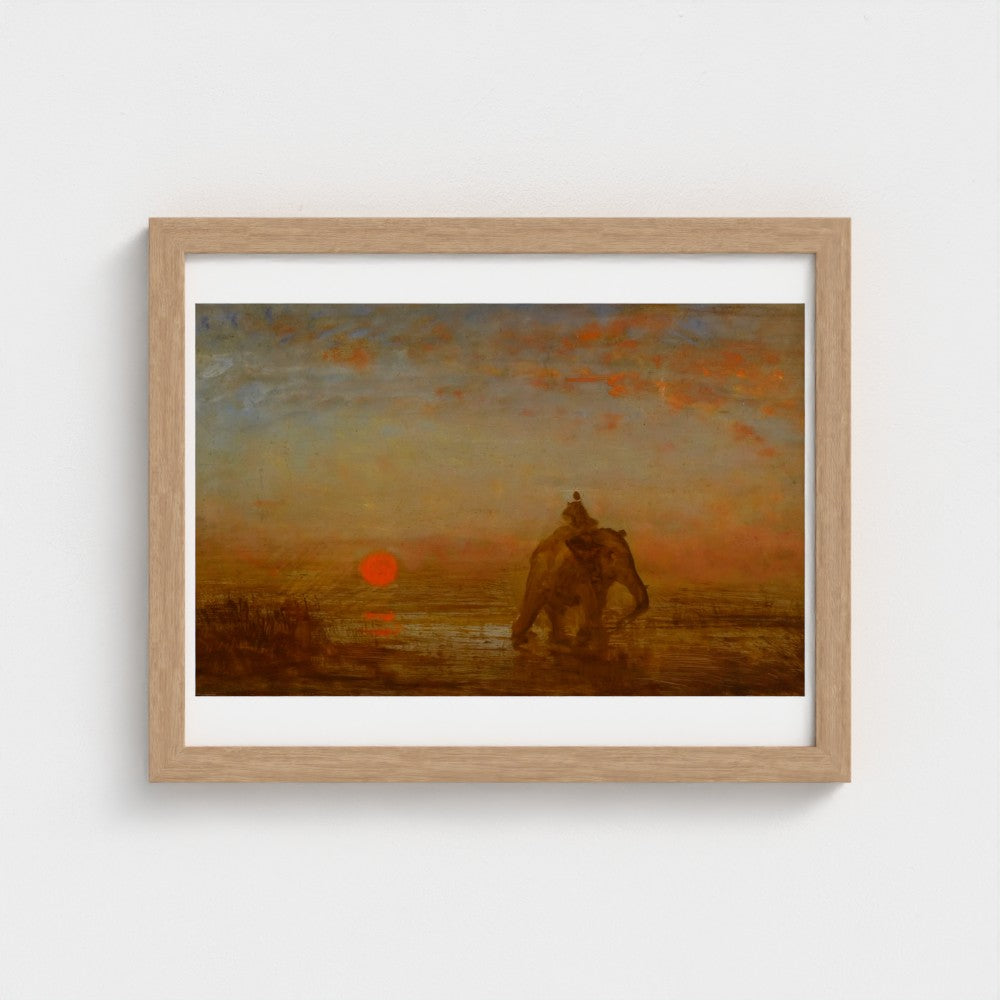Framed artwork of a sunset scene with an elephant walking.