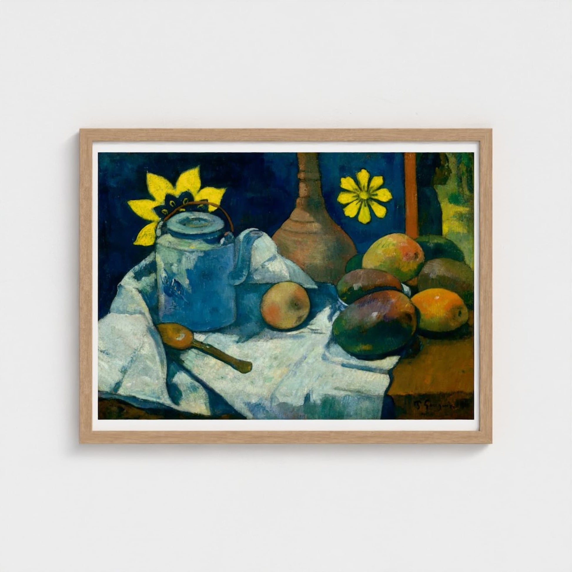 Framed still life painting with a teapot, fruits, and flowers on a white background
