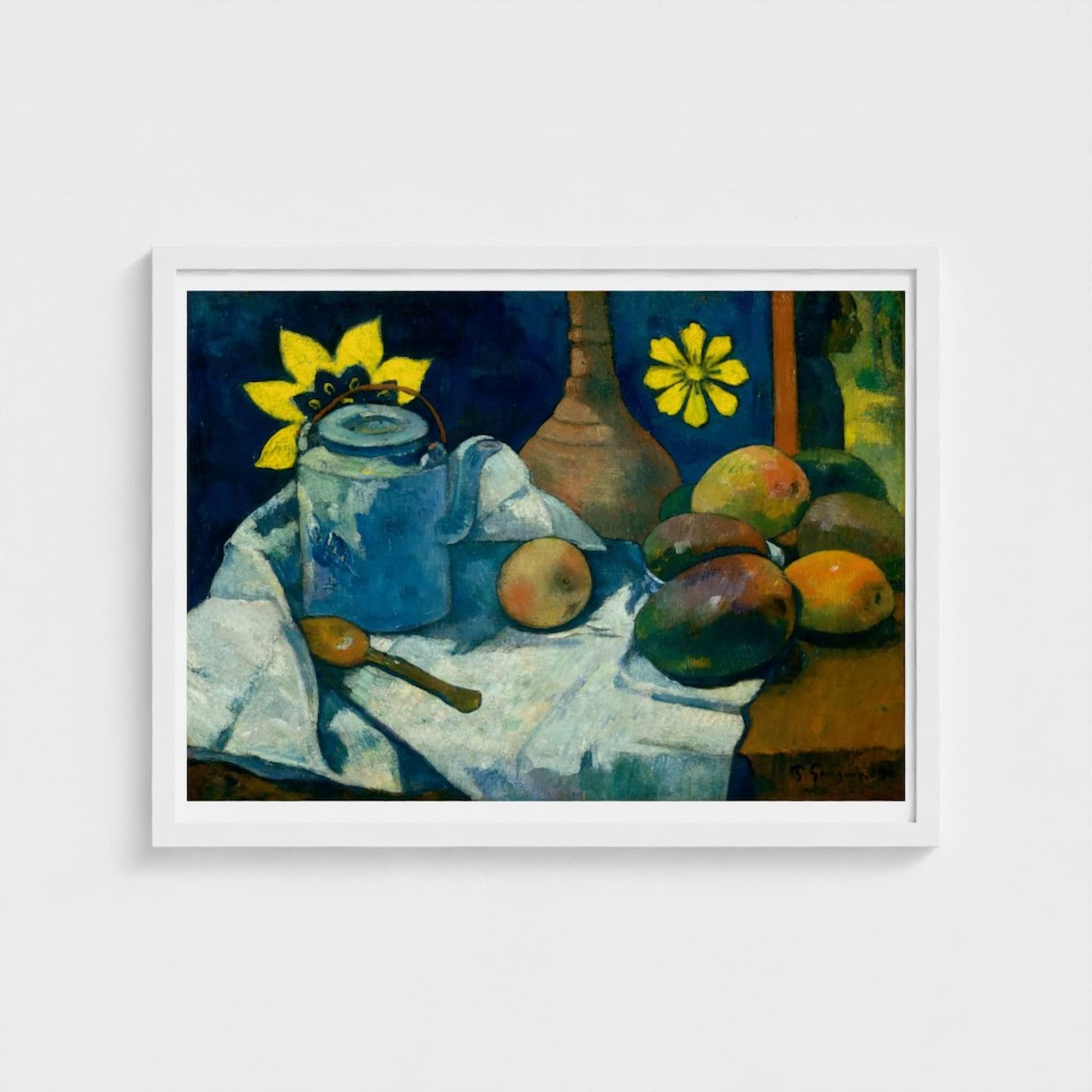 Framed still life painting with a blue teapot, fruits, and flowers on a white background