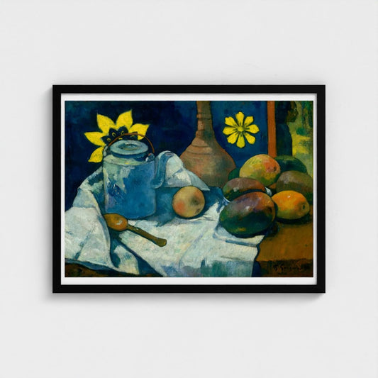 Framed still life painting with a teapot, fruits, and flowers on a white background