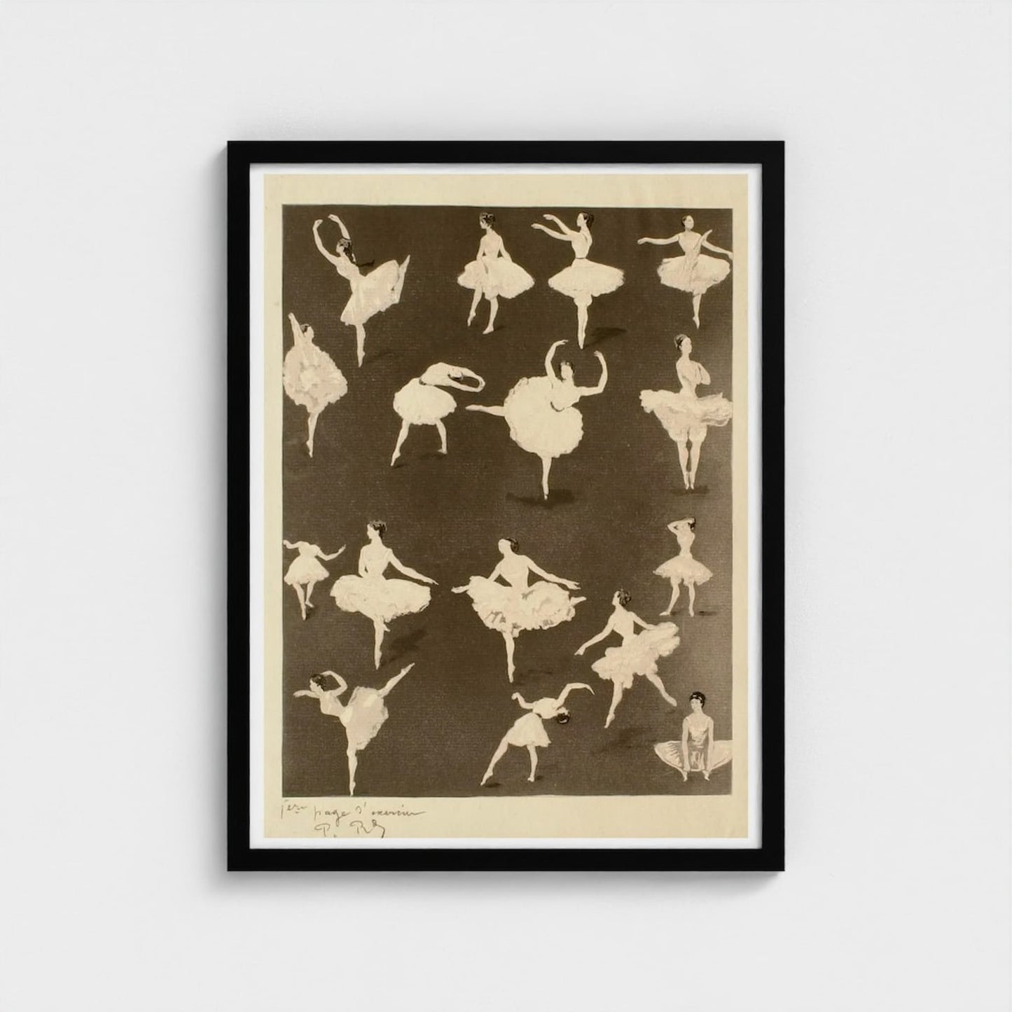 Framed artwork of ballerinas in various poses on a beige background