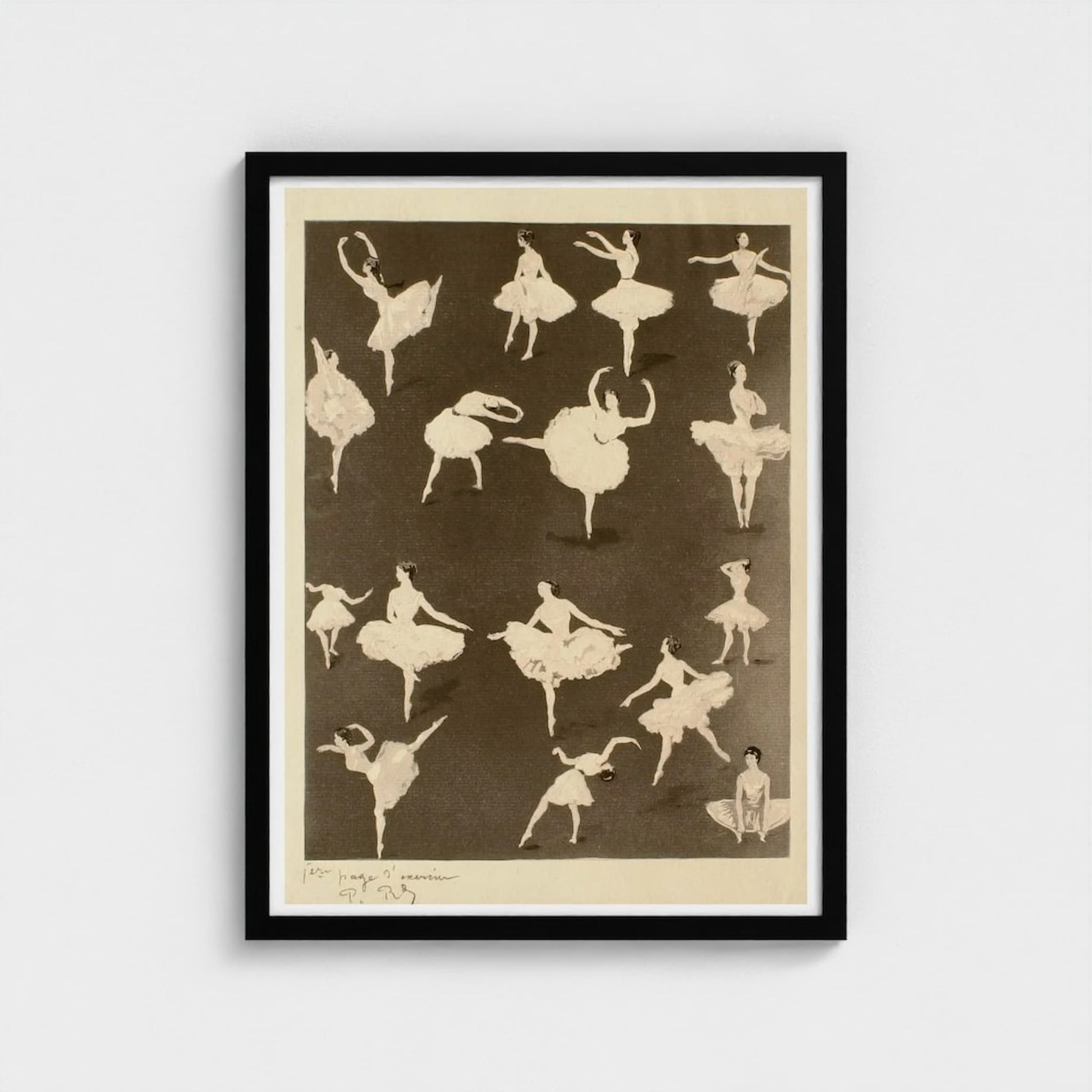 Framed artwork of ballerinas in various poses on a beige background
