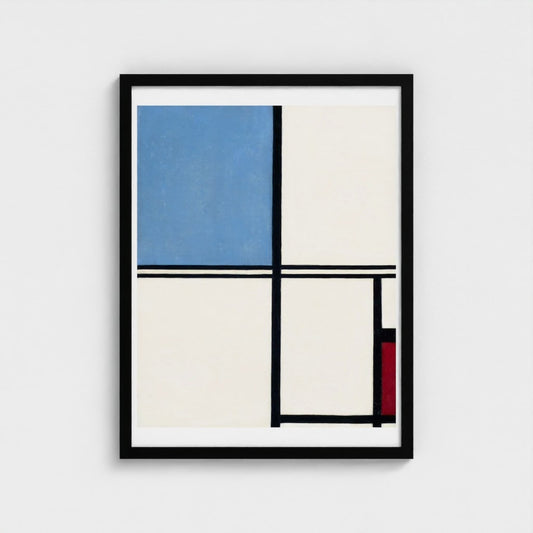 Framed abstract art print with blue, white, and red colors on a light gray background