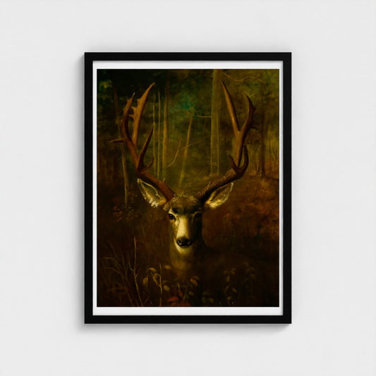 Framed artwork of a deer in a forest setting on a white background