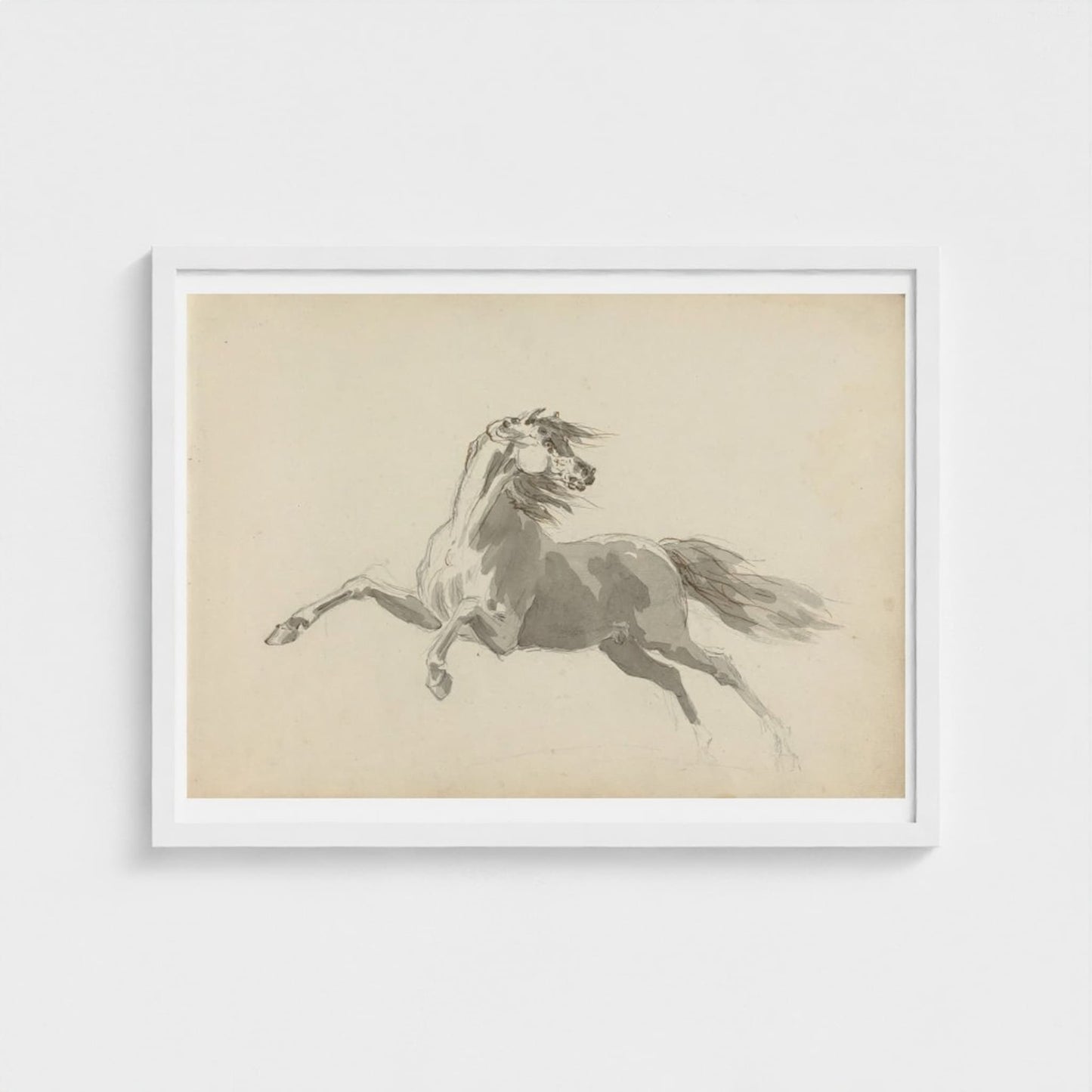 Framed artwork of a horse on a beige background
