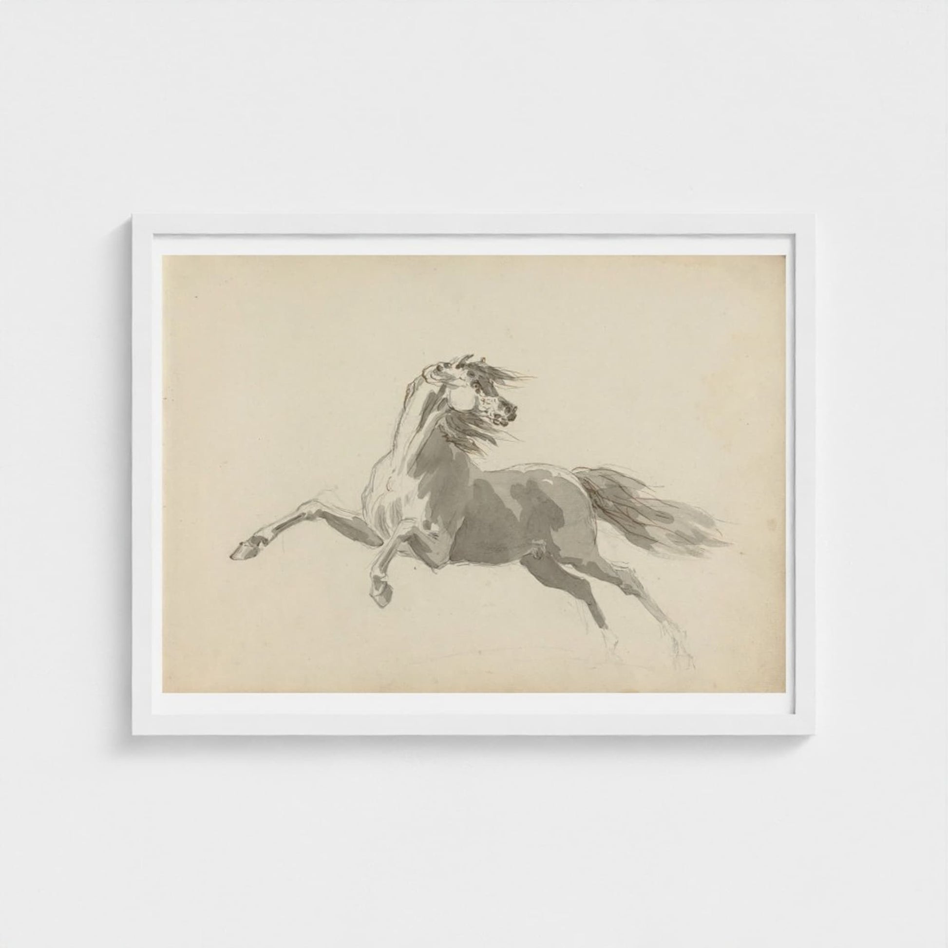 Framed artwork of a horse on a beige background