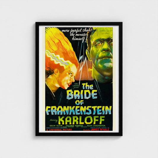 Vintage movie poster for 'The Bride of Frankenstein' with a green monster and woman's face, framed on a light gray background.