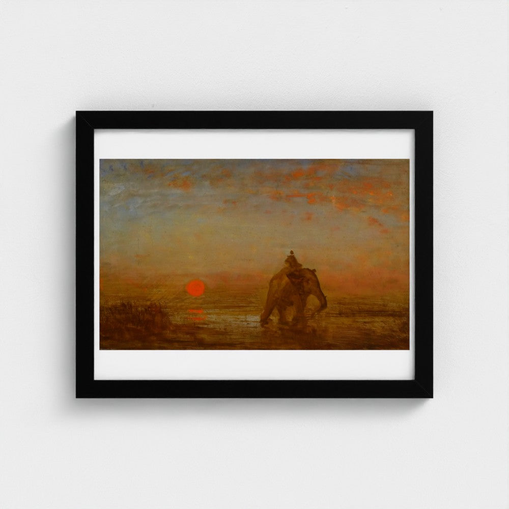 Framed artwork of a sunset scene with a silhouette of a person on a elephant.