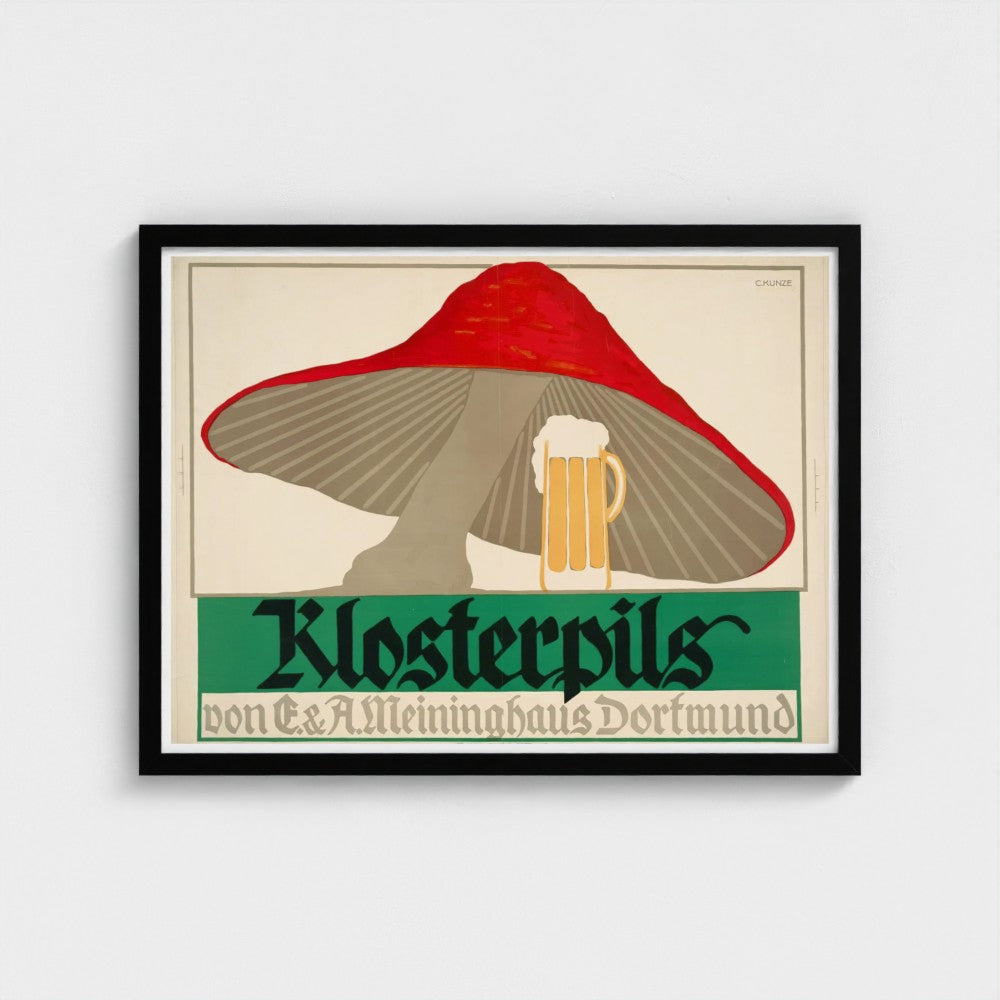 Framed vintage German beer poster of a mushroom with a beer mug, featuring the brand 'Klosterpils'.