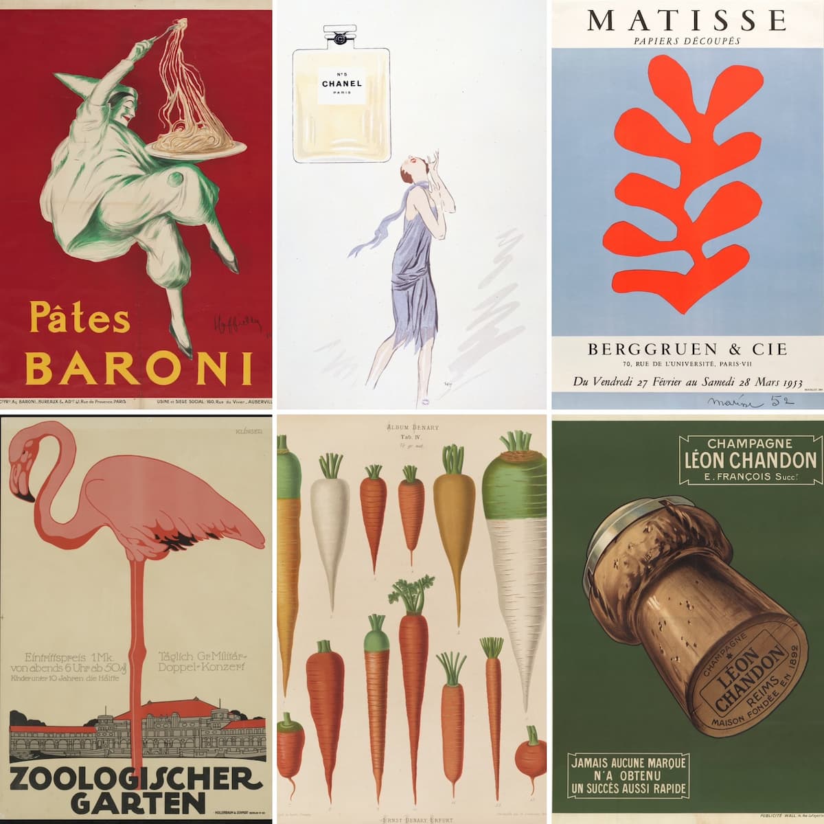 A 2x3 collage of six vintage illustrated posters and label designs, including Pâtes Baroni, Chanel No. 5, Matisse artwork, a pink flamingo poster, a carrot illustration, and a champagne bottle label reading Léon Chandon.