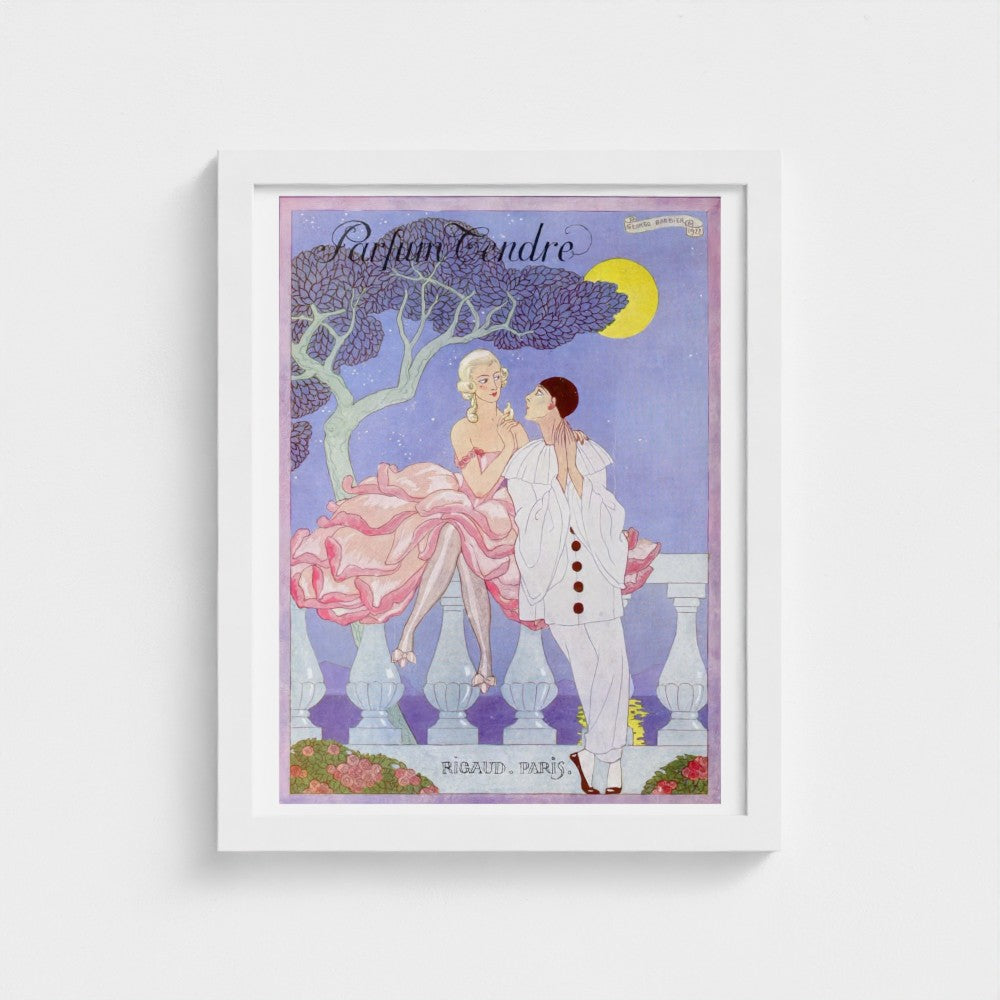 Framed artwork of a couple under a tree with 'Parfum Tendre' text on a purple background.