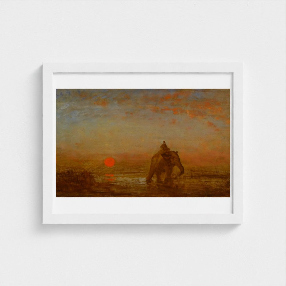 Framed artwork of a sunset scene with a person on an elephant.