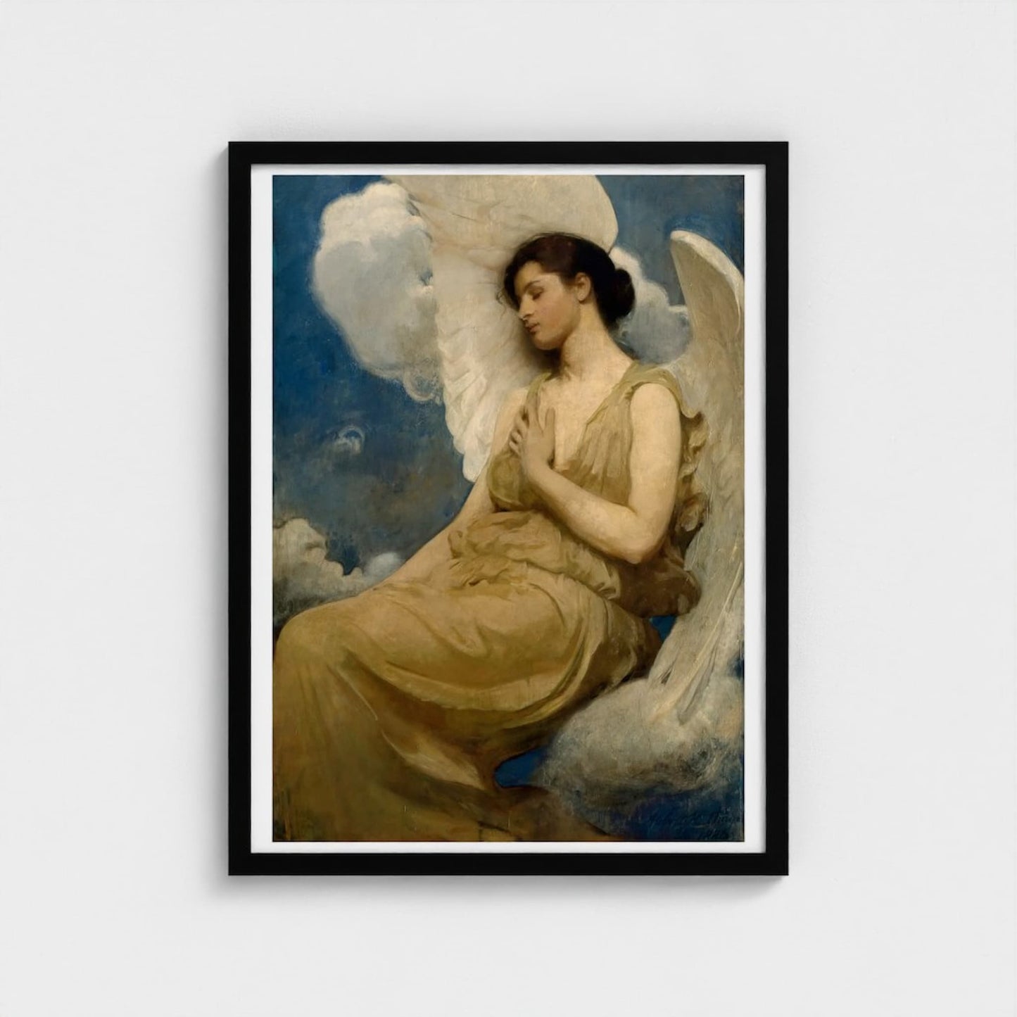 Framed artwork of a woman with angel wings sitting on a cloud against a blue sky.