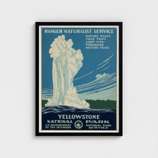 Framed Yellowstone National Park poster with a waterfall illustration on a blue background.