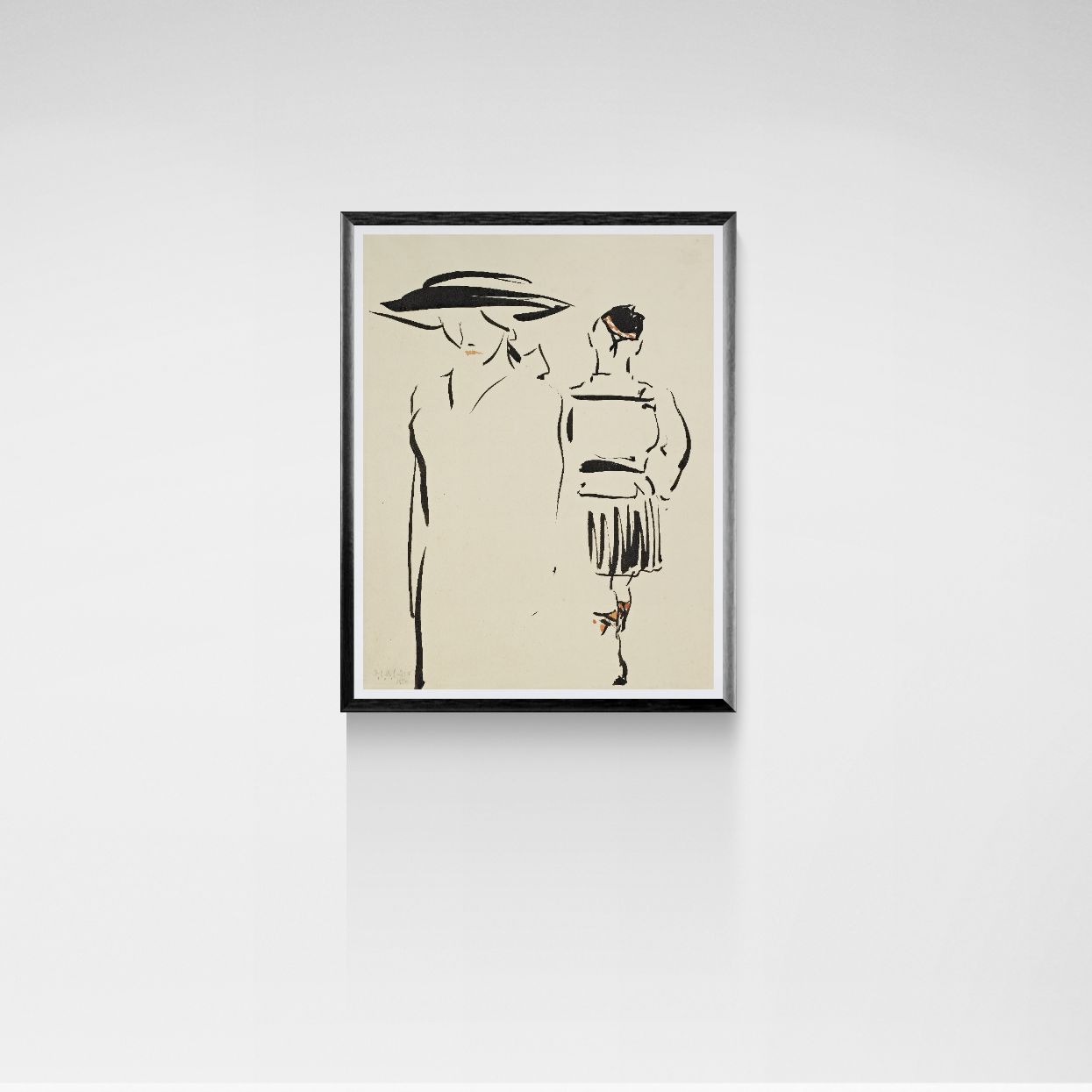 Framed black and white illustration of two people on a beige background, mounted on a white wall.