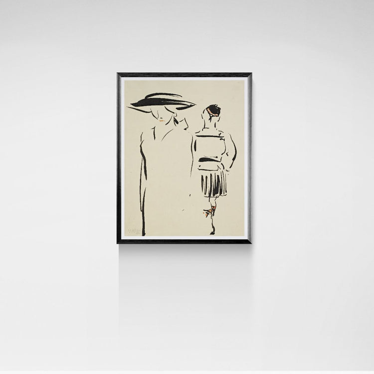 Framed black and white illustration of two people on a beige background, mounted on a white wall.