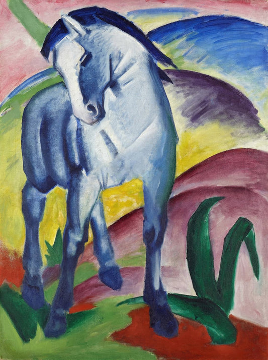 Museum-quality Giclée reproduction of Franz Marc's iconic Expressionist "Blue Horse I" (1911), featuring a strong, stylized blue horse in a vibrant, abstract landscape of rolling hills in shades of red, yellow, and green. Essential Modernist art from the Der Blaue Reiter movement.