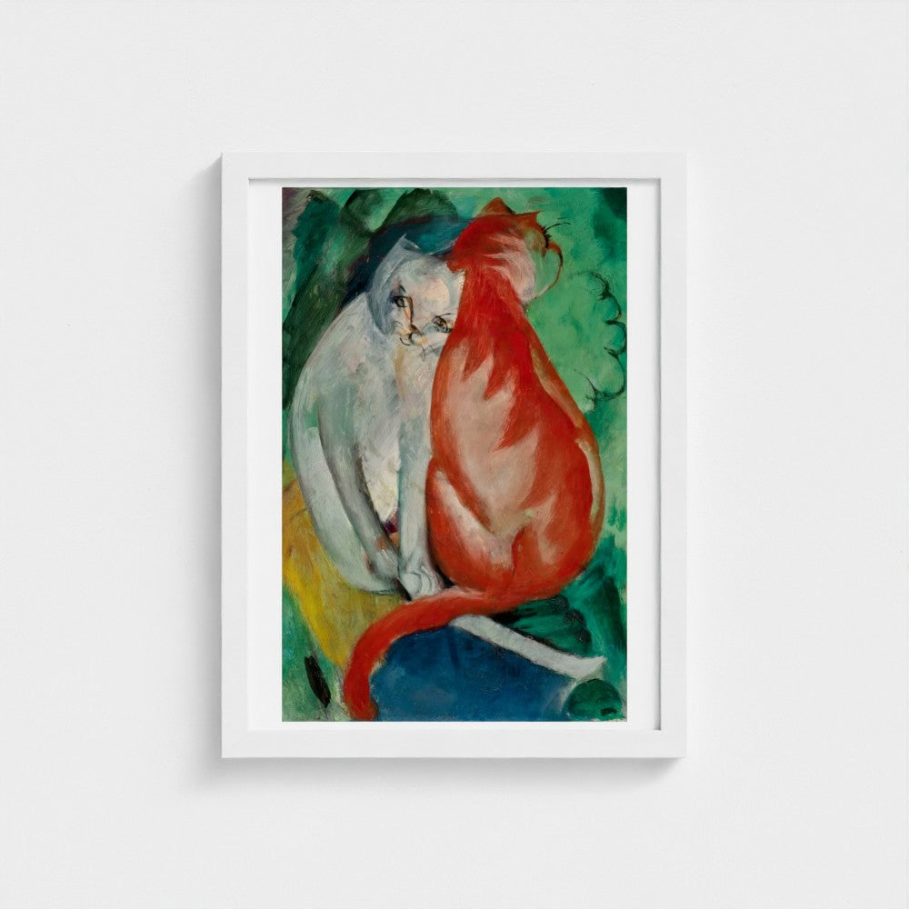 Framed artwork of two cats embracing on a white background